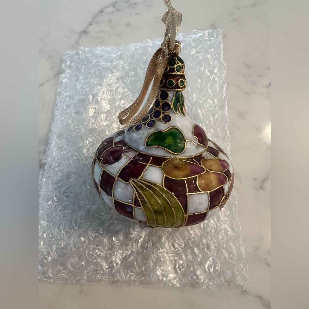 Vintage Fine Cloisonné Enamel Christmas Ornament Multicolored  Fruit Gold Trim
